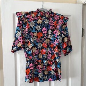 Floral Ruffle Women's Blouse - Black and Multicolor